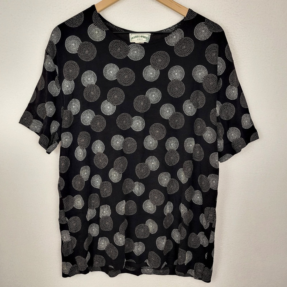 VTG 80s Frazier Lawrence Woman 2X Black Circle Dot Semi Sheer Blouse Made in USA